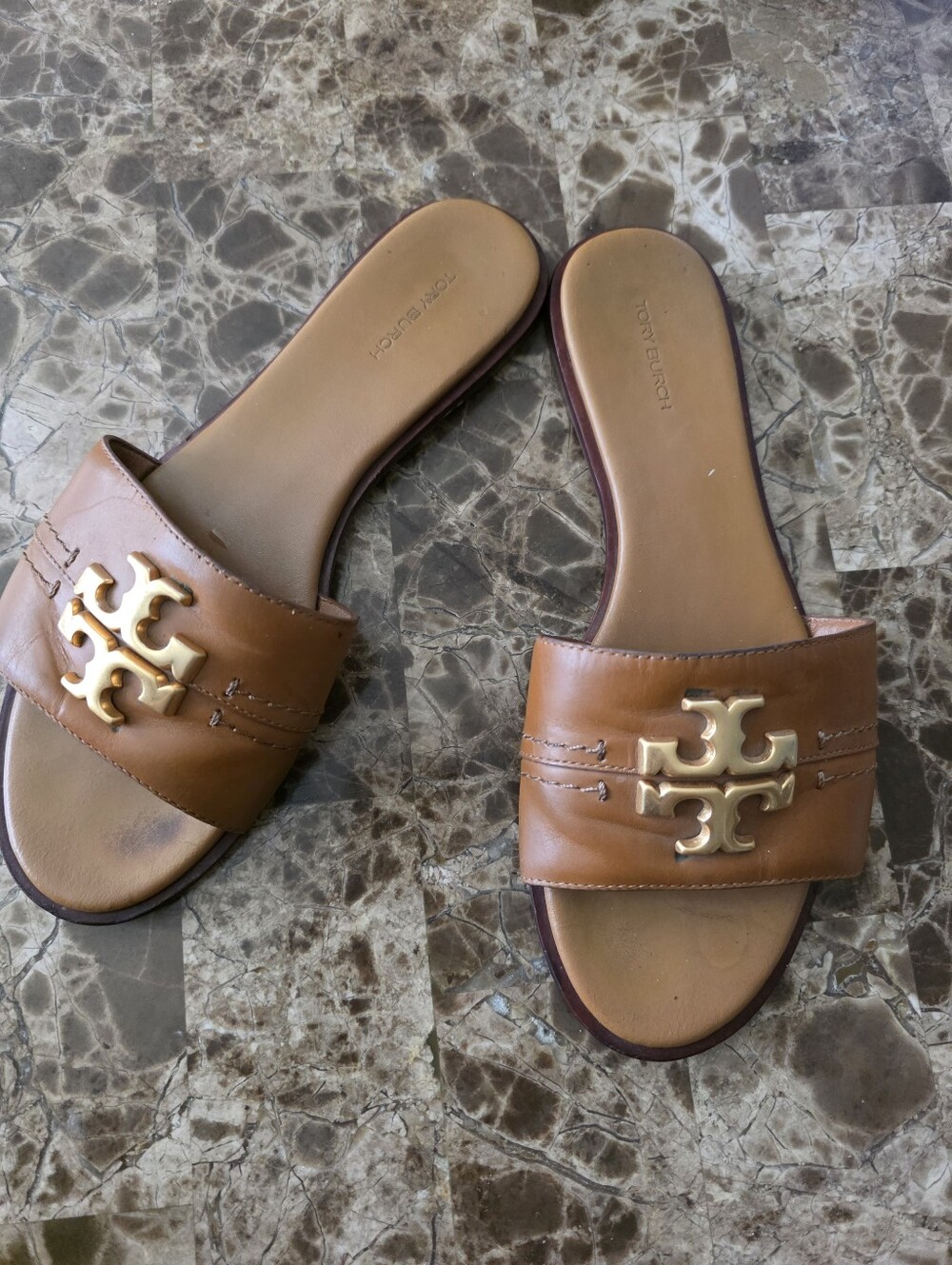 Tory Burch Camel Brown Leather Slide Mules with Gold Logo